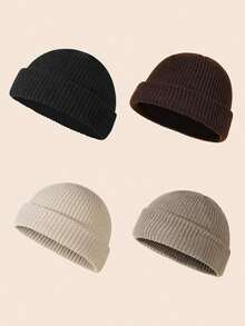 2pcs Men's Fashionable Solid Color Beanie Hats, Knitted Warm Casual Hats Suitable For Autumn/Winter Outfits Winter Clothing - 3Pcs - View 7