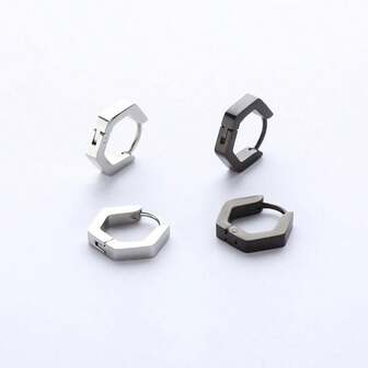 2/4 Fashionable Geometric Hexagonal Stainless Steel Earrings, Personalized And Versatile Ear Accessories For Men And Women