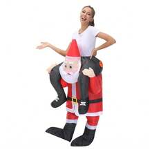 1 Set New Christmas Santa Claus Plush Cute & Funny Pink Cheek Hunchback Riding Santa Claus Costume Half-Body Outfit With Inflatable Doll Clothes, Plus Printed Letter Drawstring Dust Bag, Perfect Christmas Prop For Family Interaction, Photo Shooting, Stage Performance, All Seasons - 紅色 - 查看 6