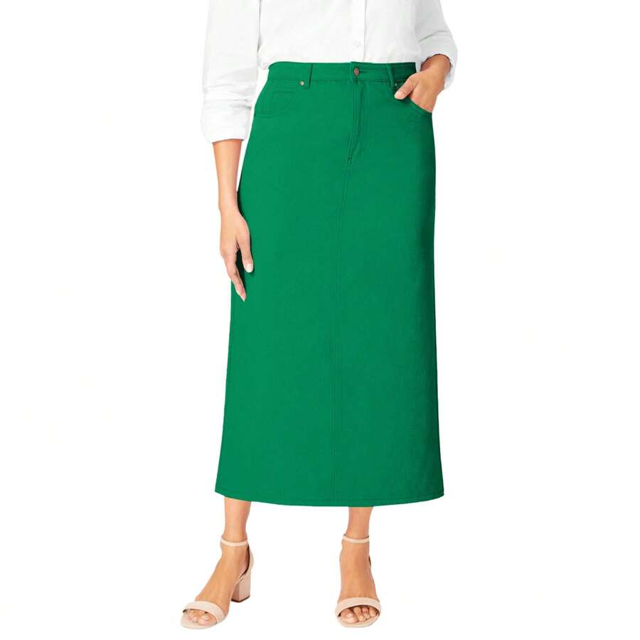 Jessica London Women's Plus Size Classic Cotton Denim Midi Skirt - 凱莉.格林 - 查看 1