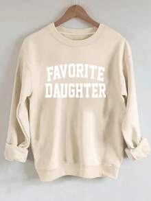 Women'S Pink "Favorite Daughter" Graphic Sweatshirt - Cozy Crew Neck, Long Sleeves With Ruffled Cuffs, Casual Fall/Winter Pullover, Casual Wear | Ruffled Cuff Design | Comfortable Fit - 杏色 - 查看 6