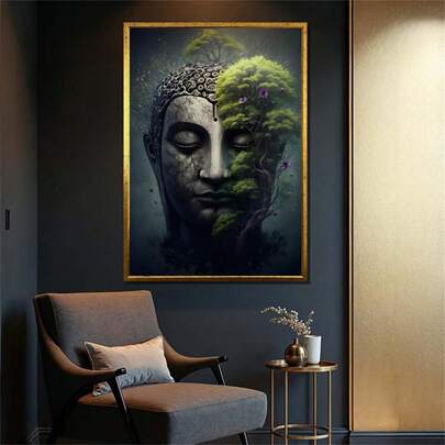 1幅自然灵感佛像帆布画：生命之树，禅意装饰海报帆布画，房间装饰墙画，客厅装饰，办公室装饰，卧室装饰，厨房装饰，墙面装饰，家居装饰海报（无框）