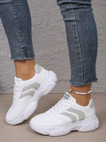 New Round Toe Lace-Up Color Block Multi-Functional Fashion Versatile City Outdoor Casual Sports Sneakers For Women, Suitable For All Seasons