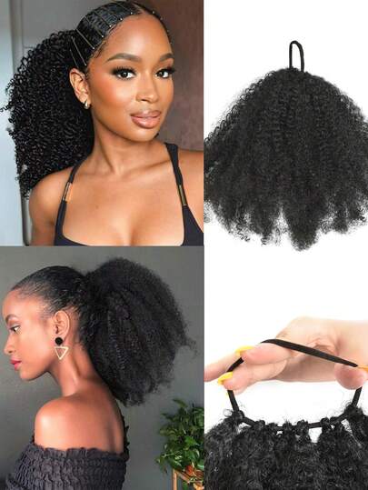 1pc Summer African Fluffy Bun Synthetic Short Afro Kinky Curly Hair Extension Ponytail (Natural Black, African 8-10 Inches)