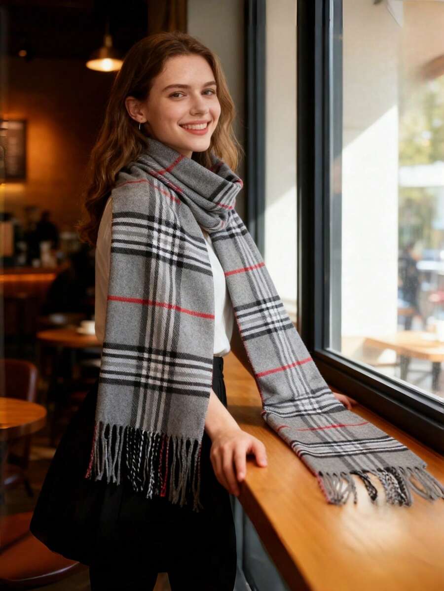 1件装男女通用黑白灰条纹格子仿羊绒围脖，轻薄围巾/头巾，适合外出、团购、旅行、送礼，春秋季适用 - 條紋灰色 - 查看 1