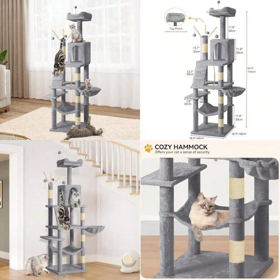 YITAHOME Tall Cat Tree Tower With Self-Grooming Brush, 60in Cute Cat Climbing Tower For Indoor Cats With Cat Condo, Top Perch, Basktet, Sisal Scratching Posts And Board, Dangling,Ball(Light Gray 64.5 In Height) - 彩色 - 查看 1