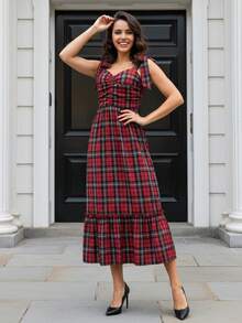 Womens Tie Shoulder Christmas Dress Sleeveless Sweetheart Neck Plaid Print Dress Holiday Midi Dress - 紅色 - 查看 4