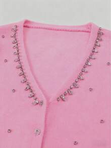 Fall Winter New Elegant High-End Chic Sweater For Women Long Sleeve V-Neck Pink Cardigan, Front Button Rhinestone Rib-Knit Knitted Top,Comfortable Casual Autumn/Winter Clothes For Going Out, Night Out, Parties, Date Night, Country, Homecoming, Casual, Holiday Vacation, Christmas New Year Outfits - 粉色 - 查看 6