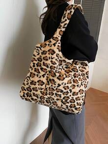 2025 Pluszowa, jesienno-zimowa, nowa, futrzana torba, dopasowana torba z nadrukiem w panterkę o dużej pojemności, modna torba na ramię, damska torba do pracy - Kolor khaki - Zobacz 3