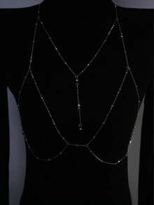 1pc Exquisite Rhinestone & Bead Decor Chest Chain Body Chain For Women For Spring Summer Decoration - Silver - View 3