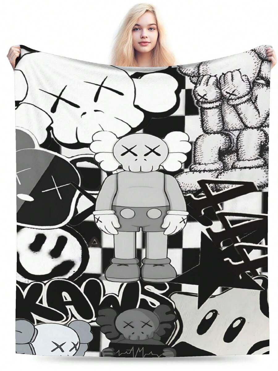 Kawss Kawaii Kaw Blanket  Cartoon Printed Flannel Blanket - Ultra Soft Anime Themed Gift For Birthday & Christmas Celebrations Boy And Girl - 黑色 - 查看 1