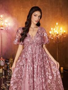 Damen Kleid mit tiefem V-Ausschnitt, rückenfreiem Design und Rüschenärmeln, Mesh-Stickerei-Patchwork, taillierter Schnitt, ausgestellter Rock, elegantes Abendkleid für Partys - Rot-violett - Übersicht 4