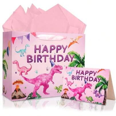 Dinosaur Birthday Gift Bag - 13" Large Happy Birthday Gift Bag With Tissue Paper And Card For Girls Pink Watercolor Dinosur Party Supplies