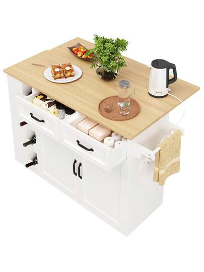 Kitchen Isl Serving Cart Countertop, Cabinet, Trolley, Food Four Doors Two Drawers, Wood Finish view 5