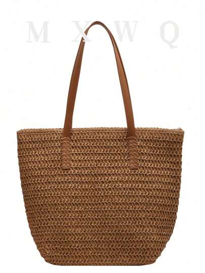 Bolso de playa de paja de verano, bolso de gran capacidad tipo tote, cesta de la compra, estilo vacacional, diseño simple y versátil, varios bolsillos, adecuado para vestidos, para compras, viajes, almacenamiento, bolso de ratán suave