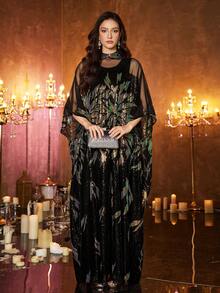 UNITHORSE Women's Stand Collar Batwing Sleeve Long Luxury Beaded Lace Embroidered 2 Pieces Turkish Robe - Black - View 4