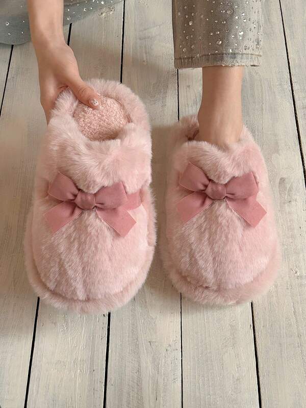 XIXITIAO Zapatillas de mujer con lazo, suela suave y gruesa, esponjosas, estilo dulce de chica, adecuadas para el posparto, el hogar, la oficina, color rosa, zapatos cómodos para interiores en otoño/invierno