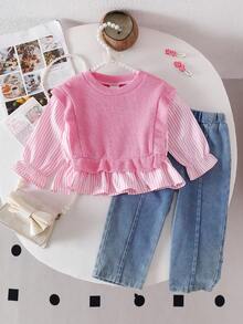 Conjunto de 2 peças de blusa listrada de patchwork com gola redonda e manga comprida e calça jeans comprida para bebês meninas, elegante e versátil para passeios - Rosa - Ver 1