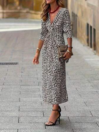 Plus Size Women Leopard Print Elegant Twist Front Long Sleeve Dress
