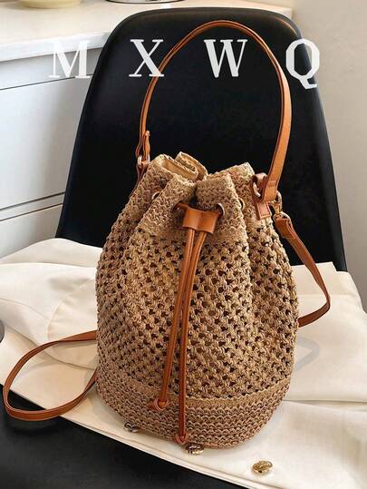 Women's Vacation Bohemian Style Drawstring Straw Bucket Shoulder Bag, Perfectly Matching With Vacation Outfits Women, Hottest Beach Bags