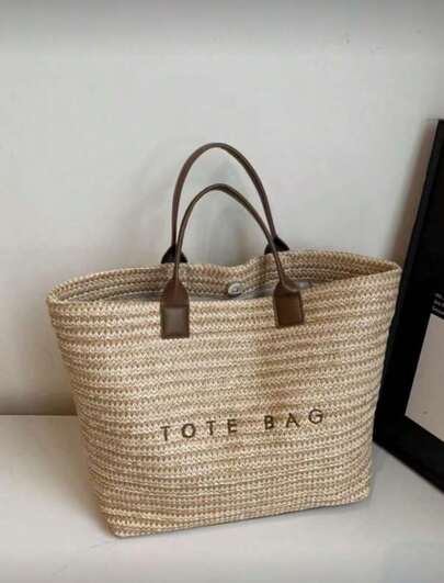 New Fashion Large Capacity Letter Pattern Decorated Woven Straw Tote Bag, Versatile Commuting Leisure Vacation Straw Handbag, Suitable For Commuting And Shopping, Very Suitable For Seaside Vacation And Beach.
