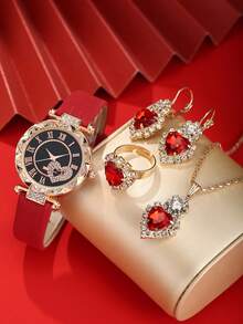 1pc Women's Elegant Quartz Watch With Rhinestone Bracelet + Jewelry Set, Ideal Gift For Christmas And Other Holidays - Red - View 2
