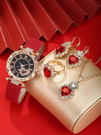 1pc Women's Elegant Quartz Watch With Rhinestone Bracelet + Jewelry Set, Ideal Gift For Christmas And Other Holidays