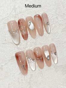 10pcs Luxury Amber Gradient Cat Eye Nail Tips, Oval Shaped, Suitable For Daily Wear, Dates, Brightening, Reusable Handmade Nail Covers With Jelly Gel, Mini Nail File Nails - Brown - View 2