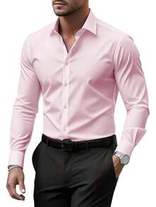 Men's Wrinkle Dress Shirts Formal Long Sleeve Button Down Wedding Business, Style - Pink - View 12