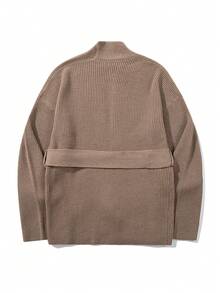 Áo cardigan nữ tay dài, màu trơn, họa tiết sọc dọc, dáng rộng, cổ chữ V, thắt eo, chất liệu nhẹ, thích hợp cho mùa xuân, thu và đông. - Màu Khaki - Xem 4