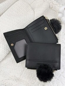 SOUTHLAND&KANGAROO This Foldable Small Wallet With A Pom-Pom Charm And Black Letter Details Is Lightweight And Portable, Suitable For Credit Cards, Keys, And Other Items. It Is Fashionable And Cute, Making It A Great Gift For Birthdays, Christmas, Anniversaries, And Suitable For Women, Girls, Ladies, Business Professionals, Students, Dorm Supplies, And Back-To-School Essentials. - Black - View 6