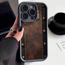Carcasa de teléfono con diseño de cuero vintage marrón oscuro con remaches y costuras para iPhone estilo retro elegante uso diario y moda urbana - Burdeos - Ver 1