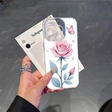 CLEAR  CASE Pink Rose With Blue Leaves And ButterfliesCompatible With  11 To  17 Models The Cases Lens Protection Function Ensures The Camera Remains Undamaged During Shooting  Guaranteeing Image Quality - Clear - View 5