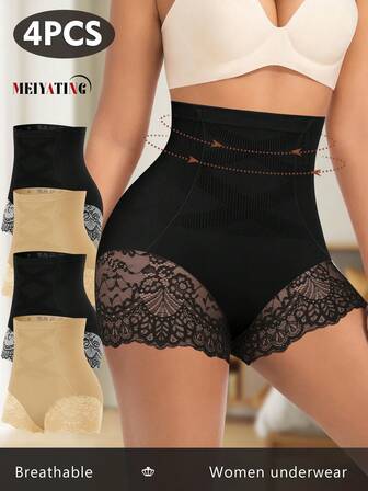 MEIYATING 4 st kvinnors trosor med hög midja och sömlösa spetsdetaljer, bantningstrosor för vardag och pendling, eleganta