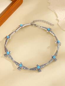 1pc Fashionable Alloy Inlaid Turquoise Vintage Design Necklace, Bohemian Style Resort Personalized Short Choker Luxury Necklace Accessory - Antique Silver - View 10
