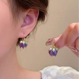 1 คู่ ต่างหูระย้าดอกไม้สีม่วงสง่างาม