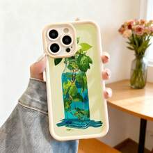 Cubierta de telefono con borde negro y diseño de botella de agua con plantas verdes sobre fondo crema para uso diario y estilo minimalista - Blanco - Ver 7