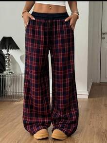 大码女士休闲格子阔腿裤，松紧腰带配抽绳 - 黑、白、蓝格子图案，宽松版型，四季皆宜，无弹力面料 - 紅色 - 查看 1