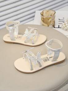 1 Pair Shiny Butterfly Studded Girl Summer Flat Sandals, Fairy Style, Perfect For Summer