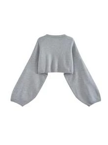 韩版字母提花撞色针织女式毛衣，宽松显瘦柔软套头衫，秋冬款 - 灰色 - 查看 7