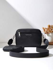 女士小方包，字母装饰单肩斜挎包，纹理皮革手提包，带迷你小袋 - 黑色 - 查看 2