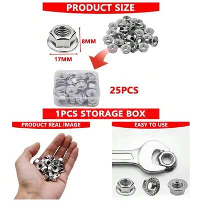 25Pcs M8 Serrated Flange Hex Nuts, M8 - 1.25mm Flange Nuts, 304 Stainless Steel, Hex Drive, Full Thread, Plain, Industrial Construction Fasteners, Home Mechanism