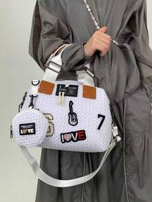 Y2K 时尚个性街头贴纸手提包，复古尼龙网眼单肩包，可拆卸肩带，女士斜挎包，是绝佳的节日礼物 - 黑色 - 查看 6