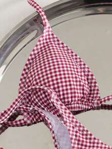 Bộ bikini hai mảnh buộc dây cổ cho nữ, gợi cảm, thanh lịch và thoải mái, họa tiết kẻ caro, chất liệu co giãn cao, thích hợp cho mùa xuân/hè, đi biển, nghỉ dưỡng, hồ bơi, tiệc tùng, màu hồng. - Hồng - Xem 4