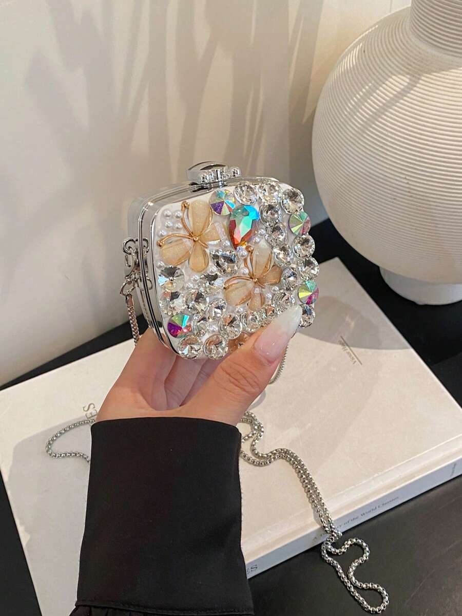 New Fashionable Niche Design Mini Bow Versatile Lipstick Earbud Coin Purse Women's Chain Shoulder Crossbody Bag (Handmade, Random Color, Quantity And Position Of Rhinestones) - Silver - View 1