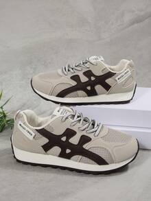 Women's Fashion Flat Platform Lace-Up Geometric Color Block Sneakers, Low-Top Casual Campus Student Versatile Athletic Shoes