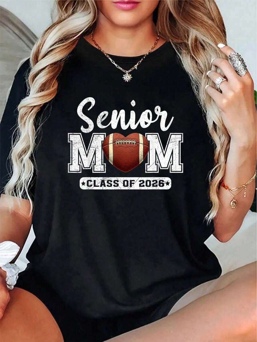 Proud Senior Mom 2026 Football Heart Game Day Gift For Mama T-Shirt - 100% Cotton Graphic Tees Women, Womens Relaxed Fit Clothing For All Seasons - Black - View 1