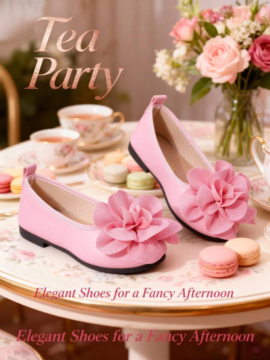 Spring Girls' Pink Leather Shoes, Children's Ballet Flats, Formal Dress Shoes, Flower Design, Flat & Comfortable, Suitable For School Performances, Parties, Weddings, Elementary Students - 玫紅色 - 查看 1
