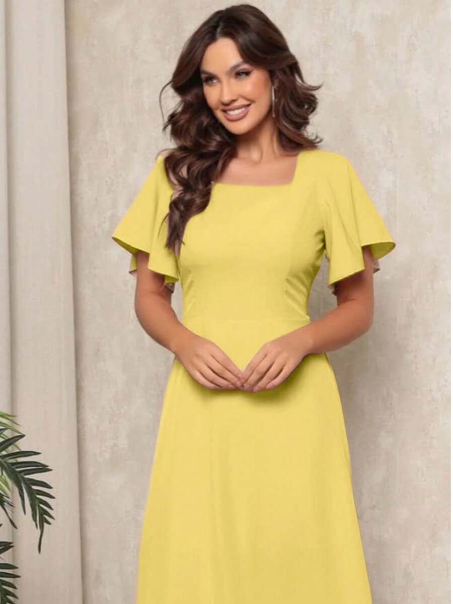 Women's Midi Dress With Short Sleeves, Princess Style, Elegant - 黃色的 - 查看 1