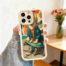 Cubierta de teléfono con borde negro diseño de conejo con patineta estampado colorido para uso diario y viajes - Blanco - Ver 2